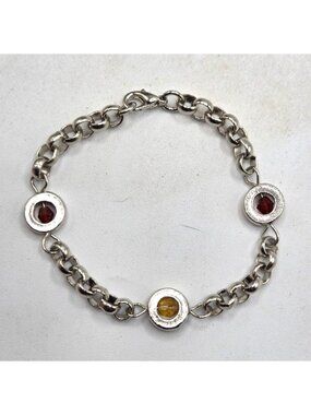 Silver-Tone Chain Bracelet With Red & Yellow Gem Accents